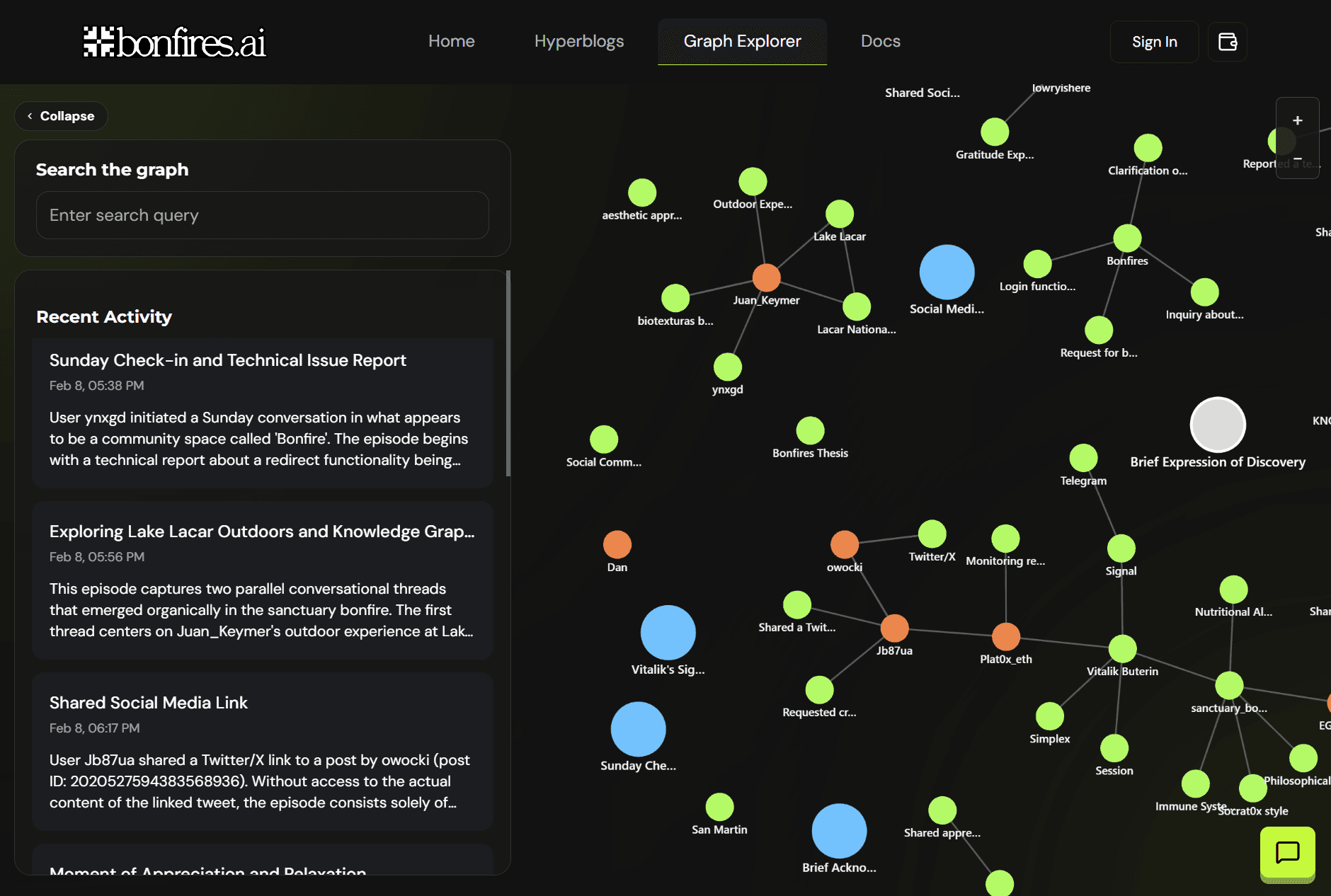 Graph explorer. A search box and recent activity summaries on the left, a clustered knowledge graph of people, topics and episodes on the right.