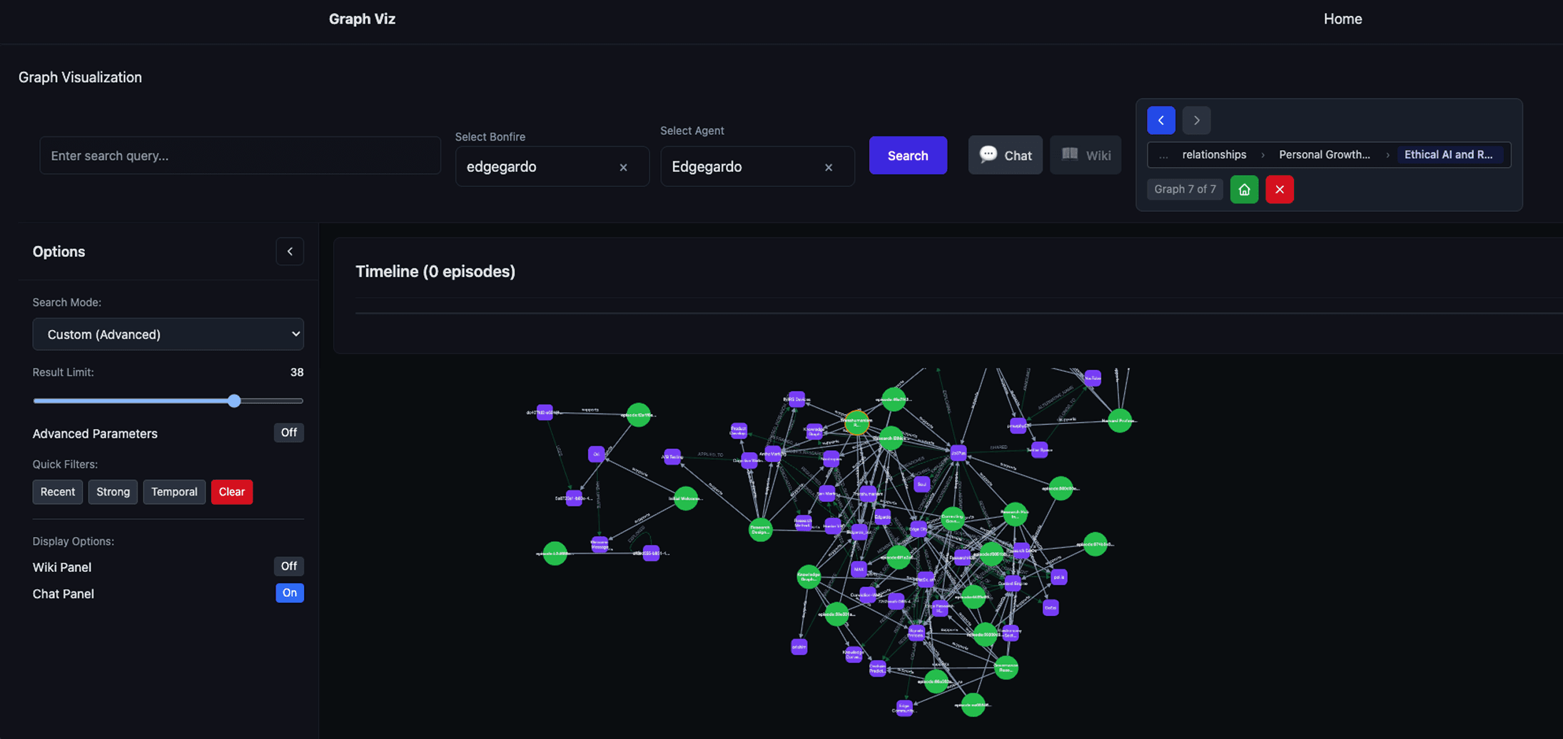 The original graph tool. A search form and options panel above an undifferentiated tangle of purple and green nodes.