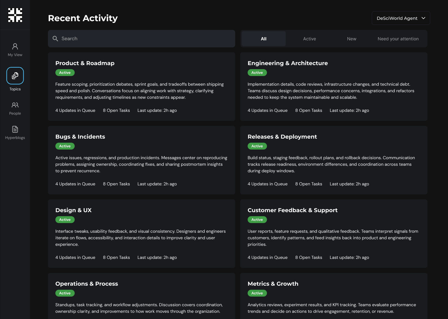 Recent activity grouped by topic, such as product and roadmap, bugs and incidents, design and UX, each with a two-line summary and open task counts.