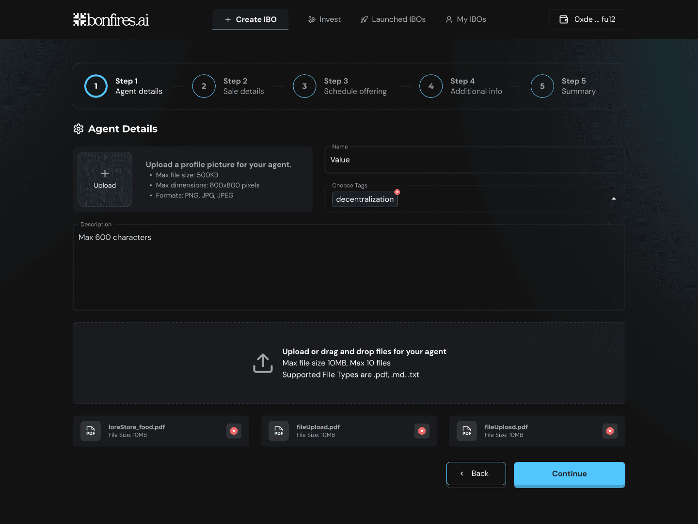 Five-step wizard for launching an agent. Step one collects the agent profile picture, name, tags, description and knowledge files.