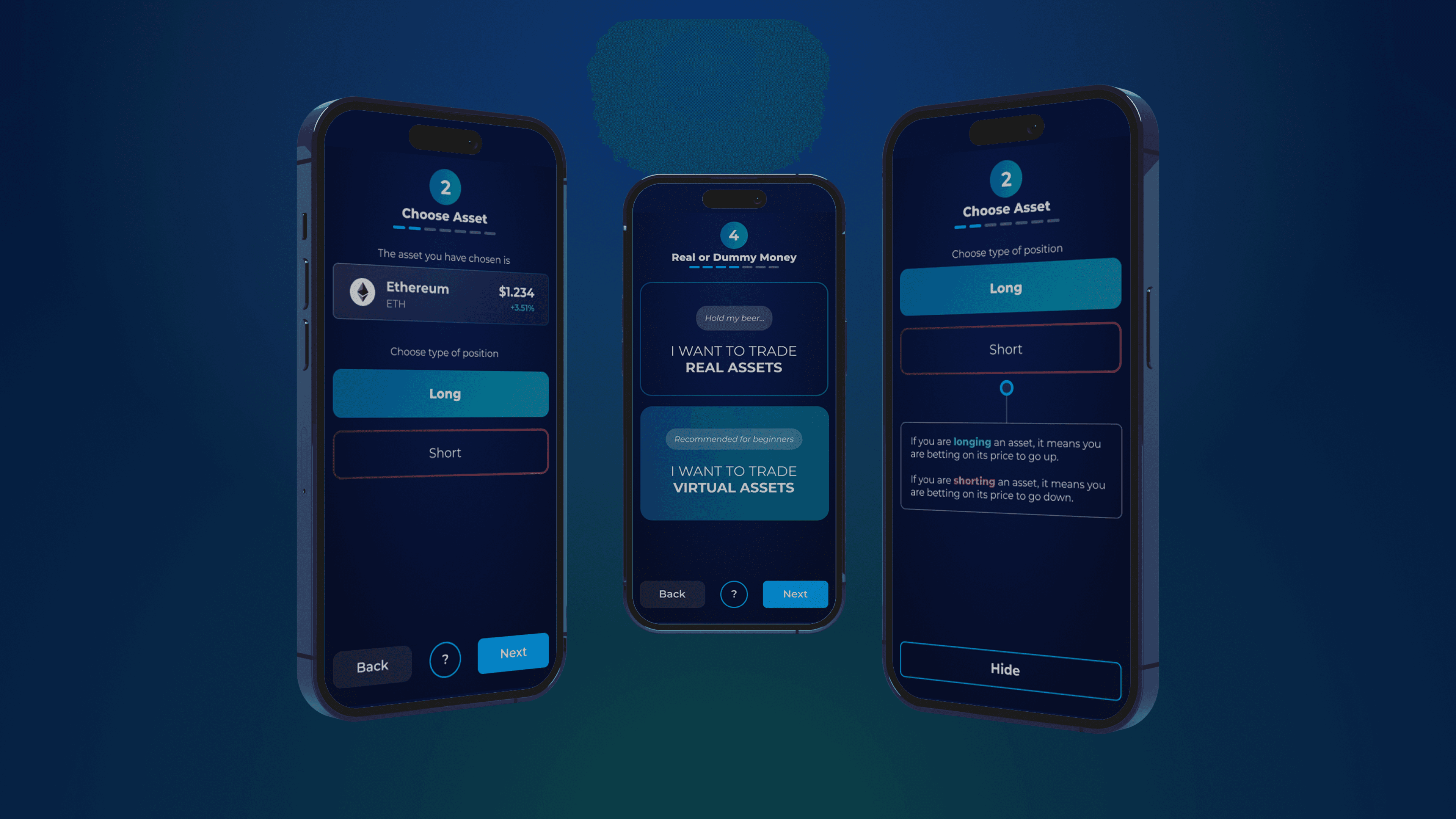 Three onboarding steps on phones. Choose an asset, choose real or dummy money, and the explainer for long versus short.