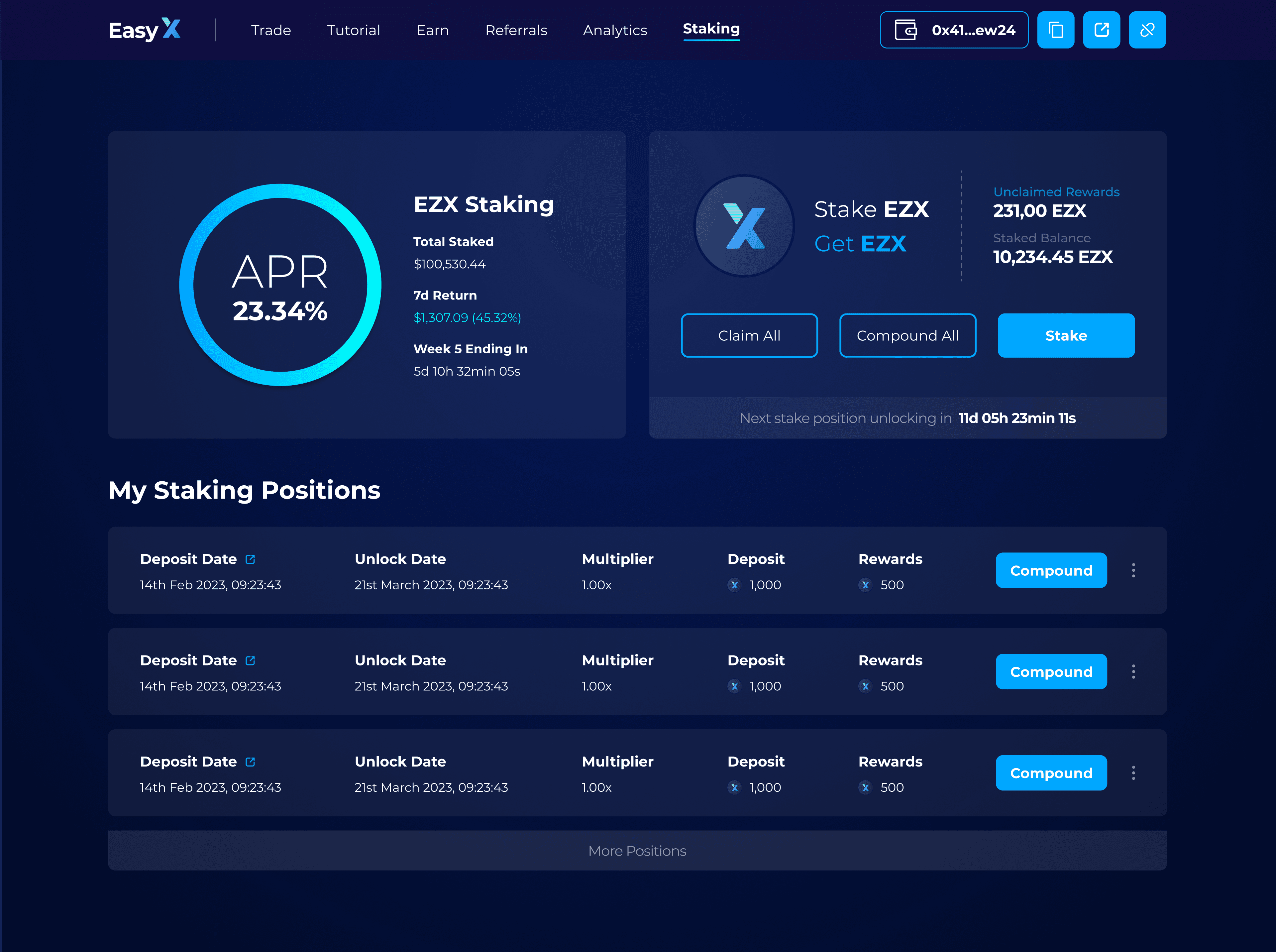 EasyX staking page. A large APR figure, stake and claim actions, and a list of staking positions with deposit and unlock dates.