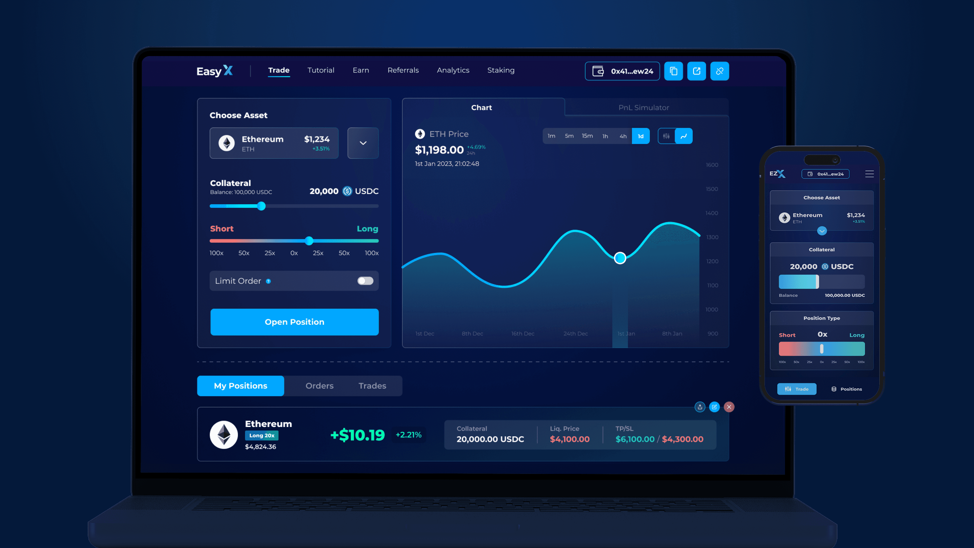 EasyX trade screen on a laptop and a phone, with the collateral and position size sliders next to the price chart.