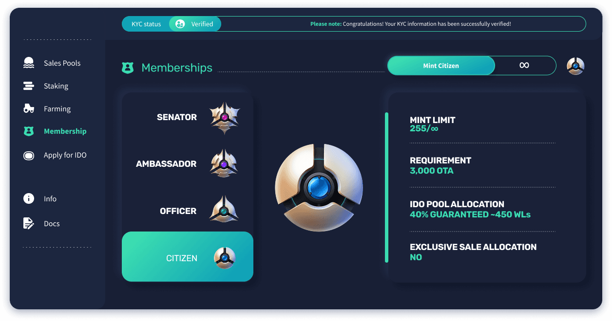 Memberships panel. The Citizen tier selected, showing an unlimited mint limit, a 3,000 OTA requirement and a 40% guaranteed IDO pool allocation.