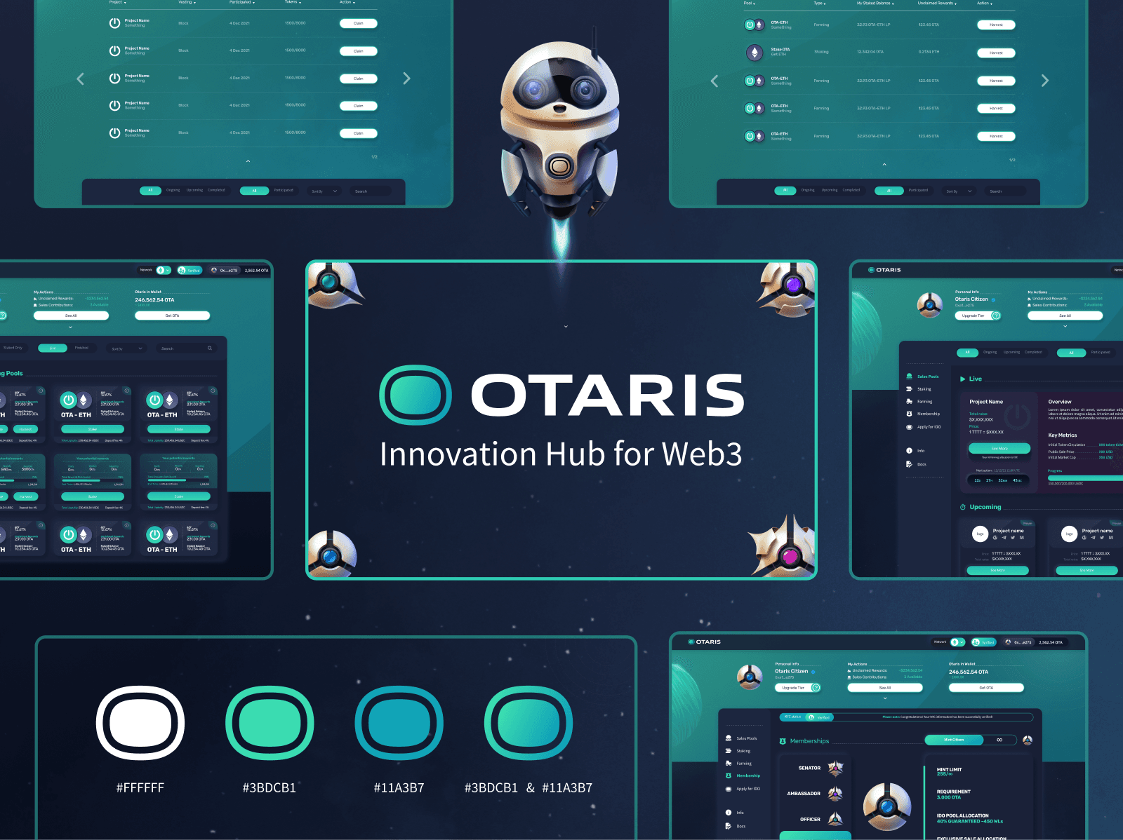 Otaris screens around the logo: sales pools, staking, memberships and the brand colours.