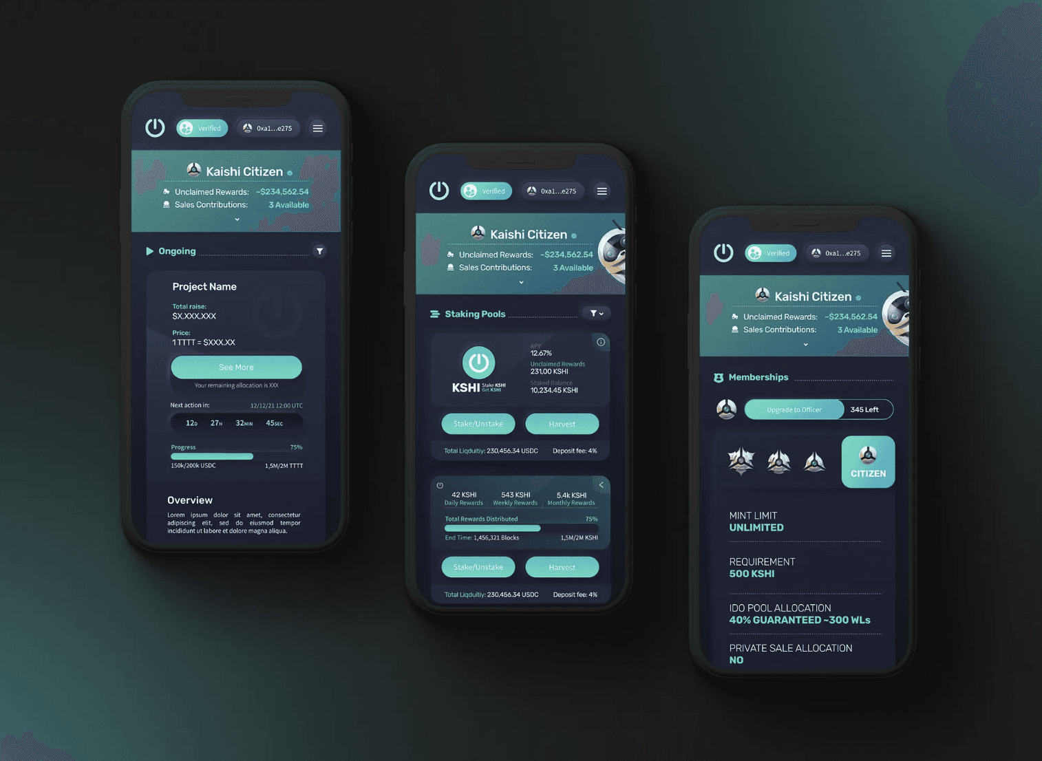 Three phone screens. An ongoing sale with countdown and progress, staking pools with harvest actions, and the membership tier detail.