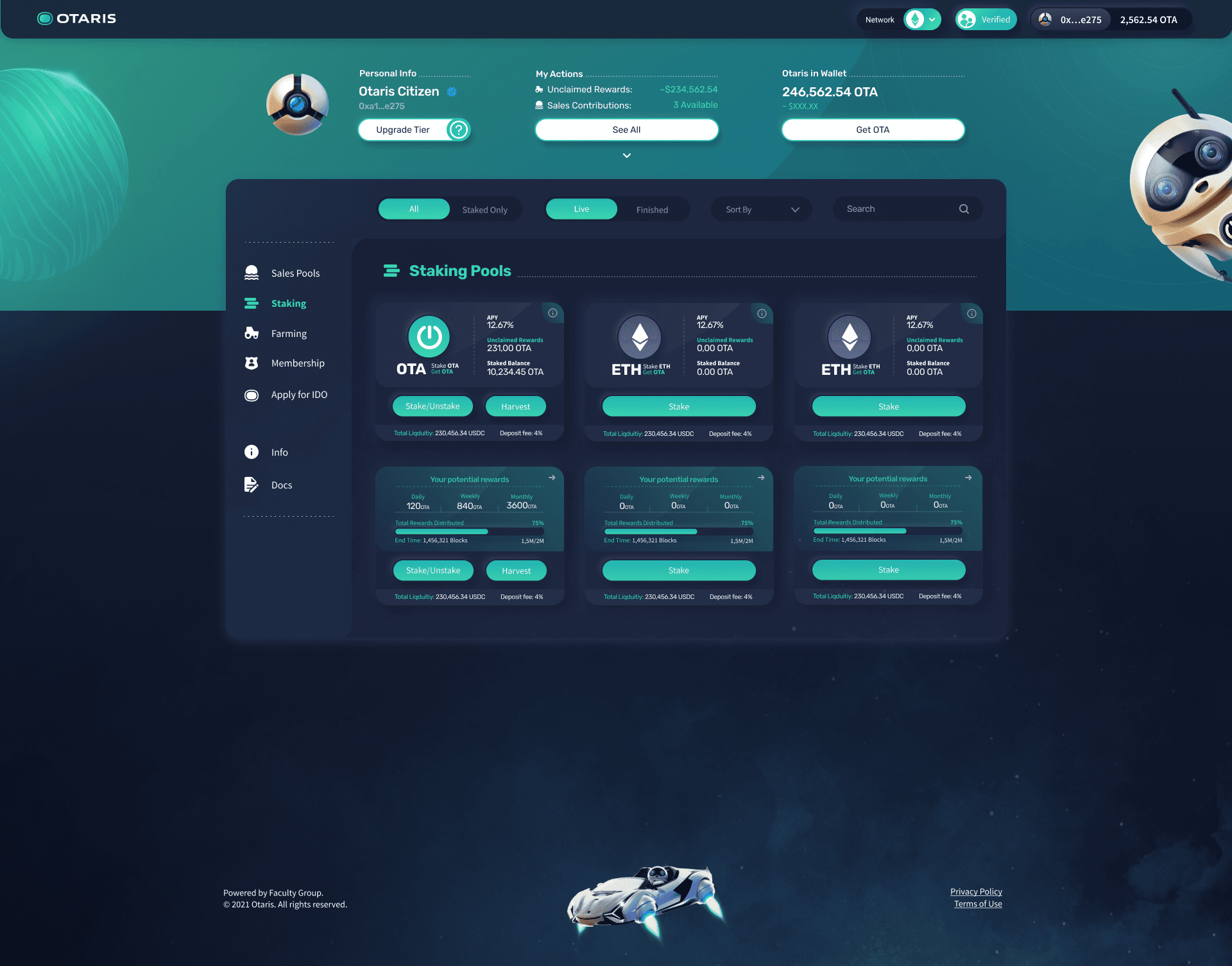 Otaris staking page. Personal info, unclaimed rewards and wallet balance at the top, a side menu, and three staking pools with APY, staked balance and potential rewards.
