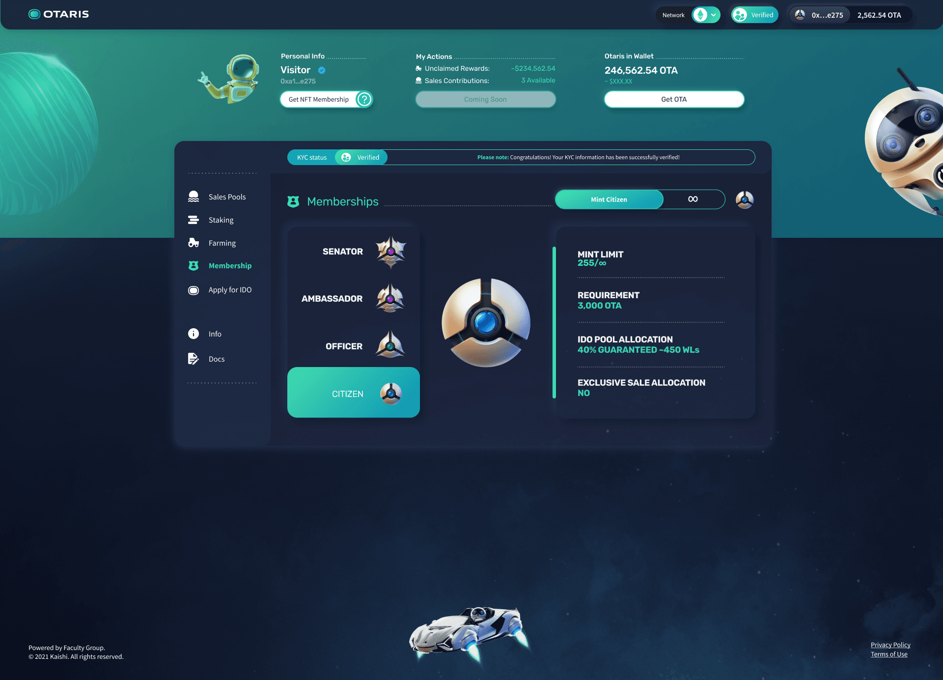 Memberships page with KYC status. Senator, Ambassador, Officer and Citizen tiers on the left, the Citizen badge and its mint limit, requirement and allocation on the right.